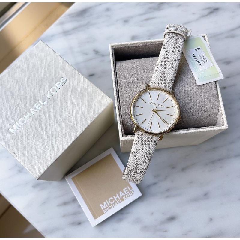 🌻สายหนังสีขาว ลาย MK เรียบหรูดูดี ✨ นาฬิกา MICHAEL KORS MK2858