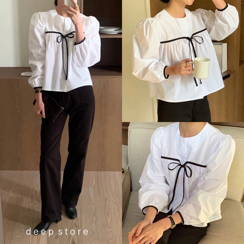 Ribbon Milin Shirt เสื้อเชิ้ต ทรงคอกลม แขนยาว กระดุมหน้า ดีไซน์แต่งสายผูกเป็นโบว์ด้านหน้า