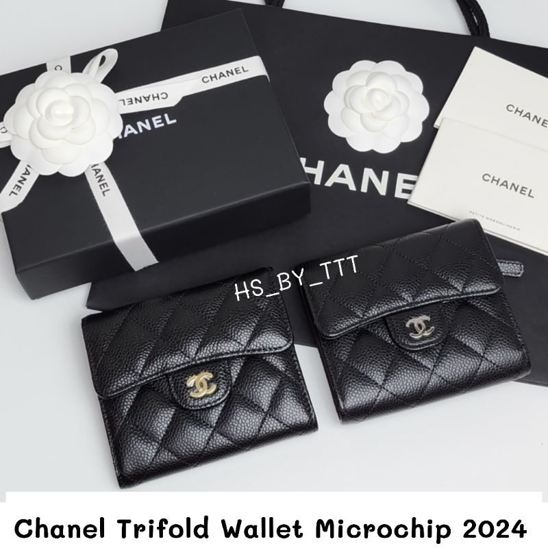 ดำทอง Chanel Wallet Trifold Black Caviar GHW 2024 Micro chip สีดำทอง กระเป๋าสตางต์  3 ทบ มีซิบหลัง  