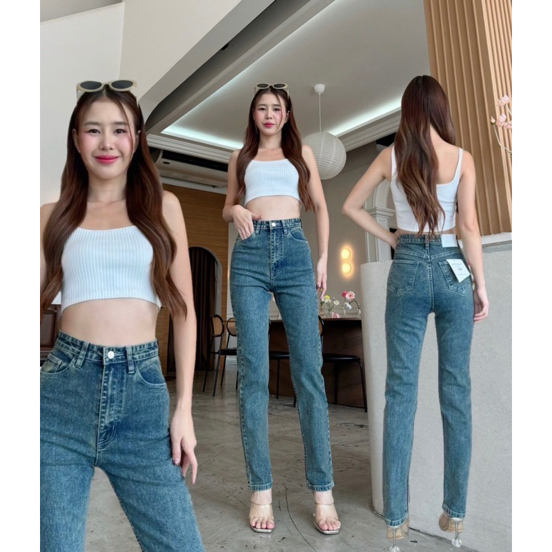 (SALE โล๊ะสต๊อก) กางเกงยีนส์ทรงกระบอกบอย ยาว39-40 นิ้ว เอวสูง ผ้ายืด ขายาวไม่ลอย