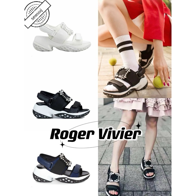 รองเท้าผ้าใบชายหาดผ้าหนัง Roger Vivier ของแท้ สวมใส่สบายและทนต่อการสึกหรอสำหรับผู้หญิง