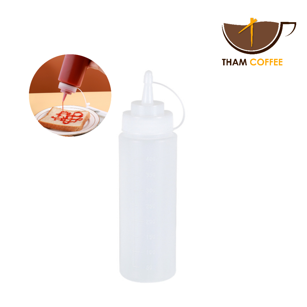 ขวดซอส ขวดบีบ มีฝาปิด พลาสติกขุ่น มีหลายขนาด 240/350/450/650/800/1000ml Sauce Bottle Tham coffee