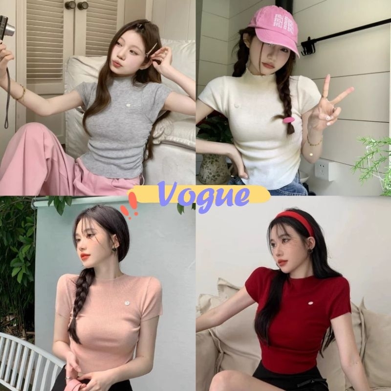 Vogue พร้อมส่ง เสื้อยืดครอปไหมพรม แขนสั้น คอเต่า ดีเทลรอบย่นๆ เย็บติดหน้าอด (W020)