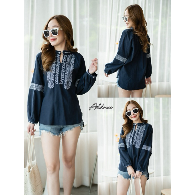 🌈🌿🌸🌺🌼💙🧡🇰🇷 Cotton Embroidery CHN Collar Long Sleeve Top