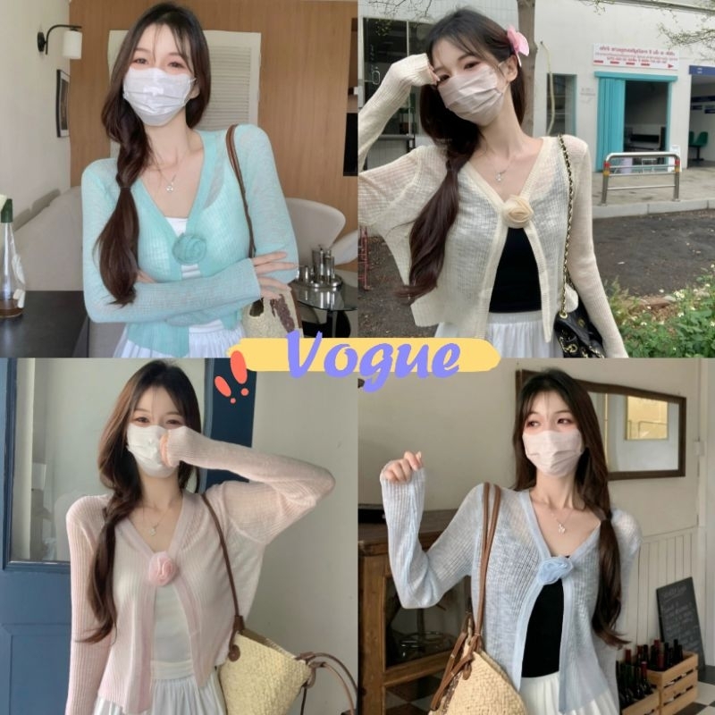 Vogue พร้อมส่ง เสื้อคลุมไหมพรมแขนยาว คอวี แถมเข็ดกัดดอกไม้ ดีเทลผ้าซีทรู (13CX82)