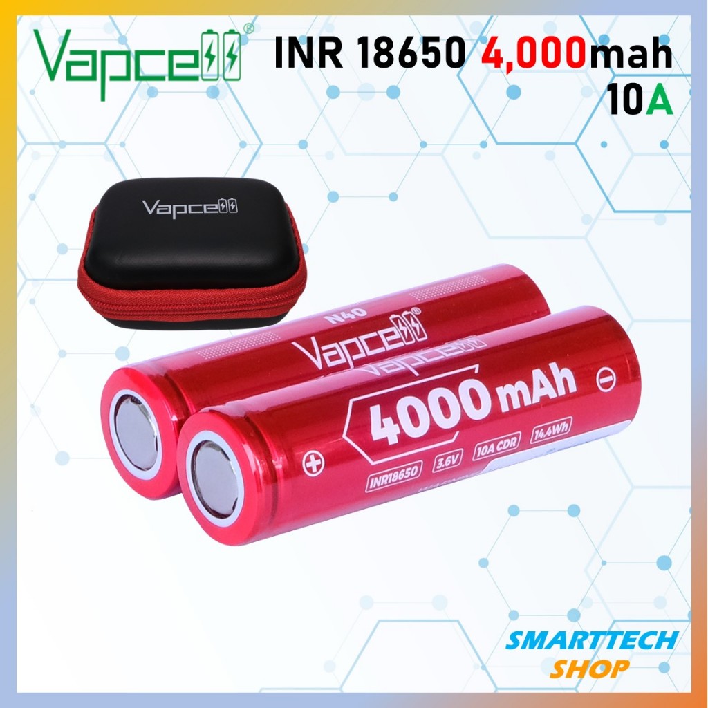 ถ่านชาร์จ 18650 Vapcell N40 สีแดง 4000mah 2 ก้อน แถมกระเป๋า ของแท้ แรงเต็มเสป็ค ถ่านโซล่าเซล