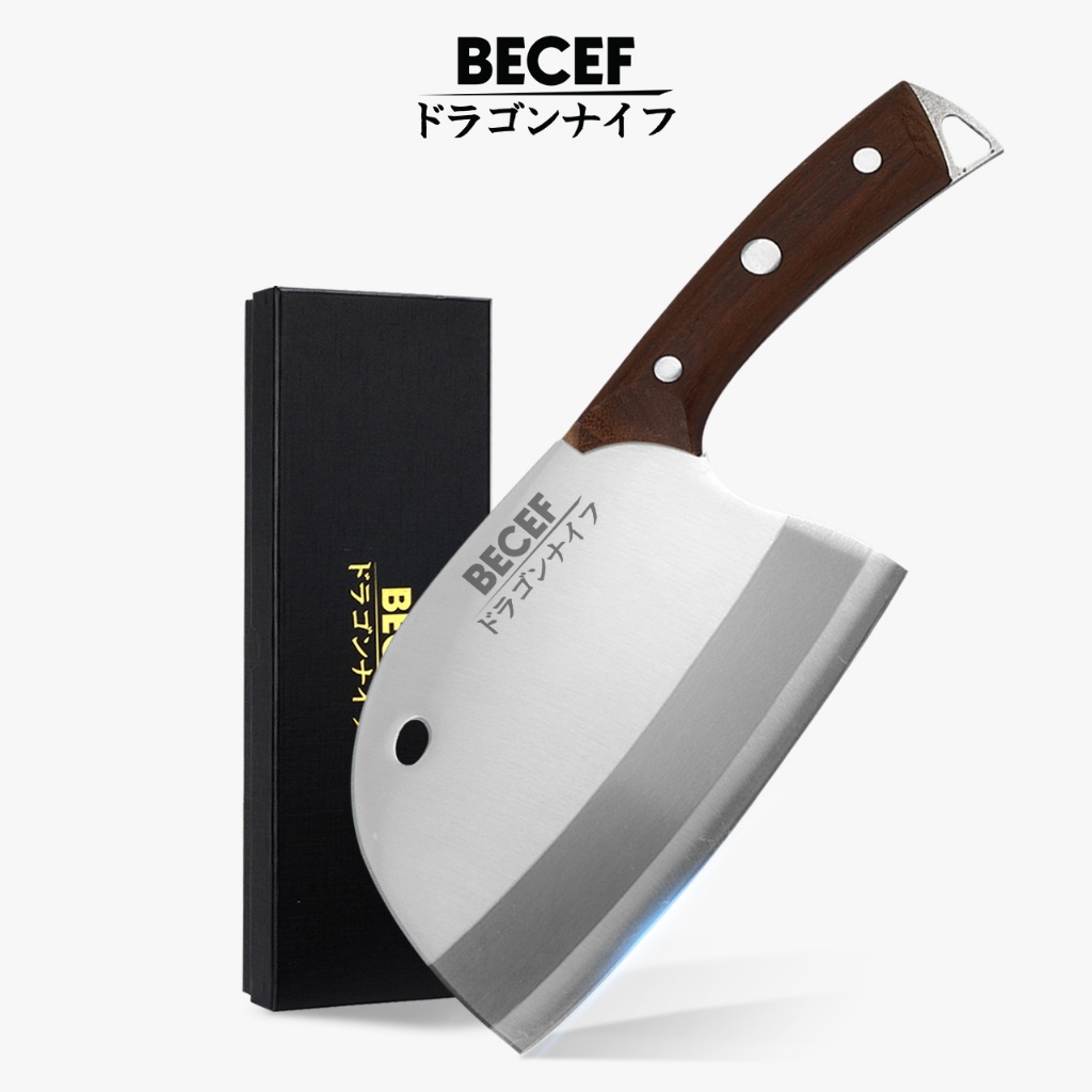 BECEF  มีดปังตอ หัวมังกร รุ่น Premiumขัดเงาสีเงิน ใช้หั่น สับ มี สันหนา 3 มิล ใบมีดขัดเงา