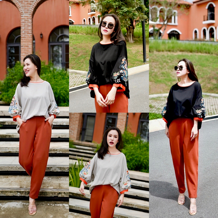 Lynlalin เสื้อคอกลม แขนบอลลูน ผ้าคอตตอน งานปักมังกรยกนูนสุดประณีต ดีไซน์เรียบหรูดูมินิมอล รุ่น Enigm