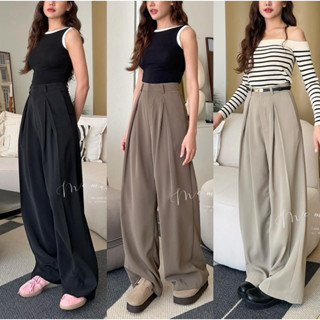 กางเกงขากว้าง กระบอกใหญ่ เอวสูง จีบแตกทวิส #minimylily