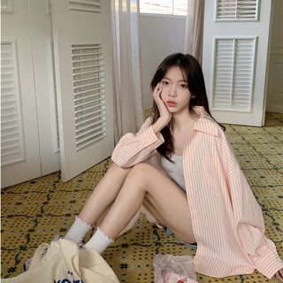aililai1688 เสื้อเชิ้ตแขนยาว เชิ้ตลำลอง ลายริ้ว ลายทาง น่ารัก สไตล์สาวเกาเวอร์ สีสันสดใส คัลเลอร์ฟูล