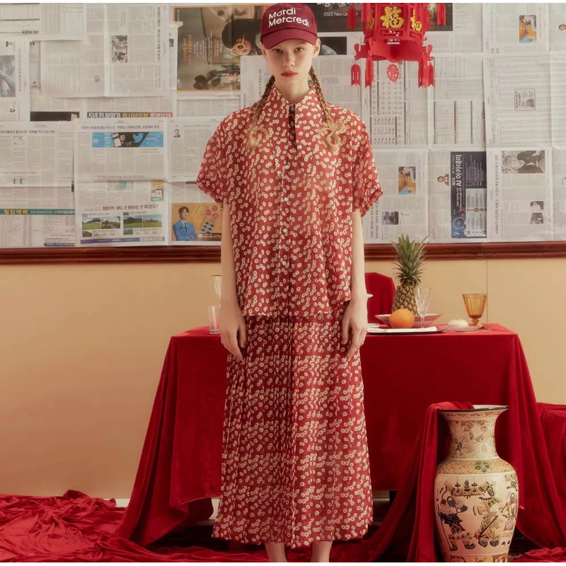 💘 ENDLESS HOLIDAY tokyo summer shirt & pleatful skirt CHINESE CHERRY RED