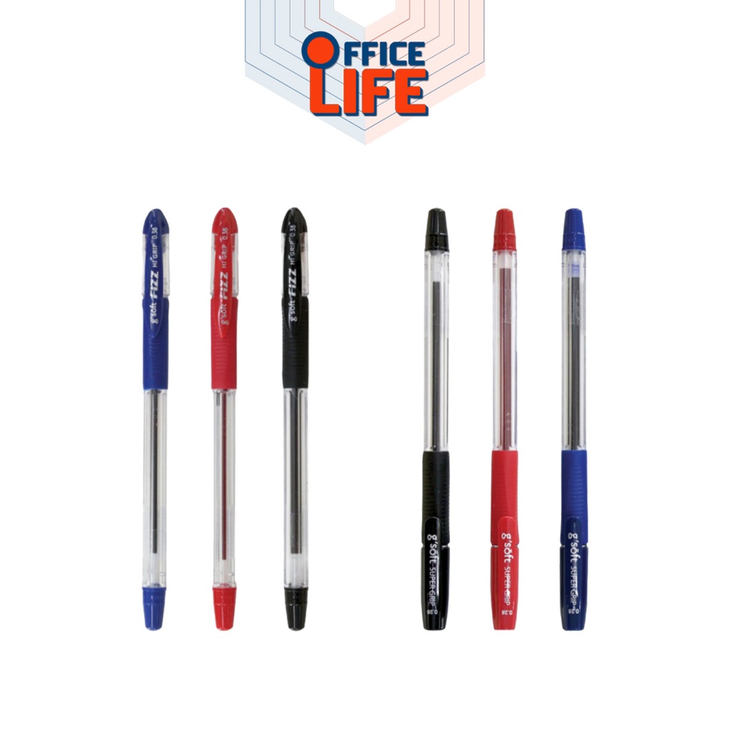 G’Soft (จีซอฟท์) ปากกาลูกลื่น ปากกา รุ่น Fizz Hi-Grip / Super-Grip ขนาดหัว 0.28-0.38 มม. หมึกน้ำเงิน / ดำ / แดง (1 ด้าม)