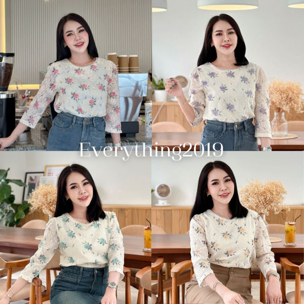 Everything2019 เสื้อทำงานผู้หญิงคอกลมแต่งมุก แขน5ส่วน ลายน่ารักงานปัก รุ่นใหม่ ใส่ไปงานบุญ ไปเที่ยวได้ พร้อมส่ง (2059)