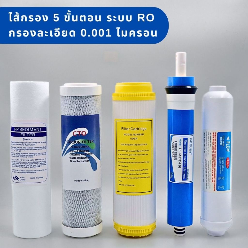 ชุดไส้กรอง 5 ขั้นตอน ระบบ RO 75G Food grade กรองละเอียด 0.001 ไมครอน ไส้กรองคุณภาพสูง