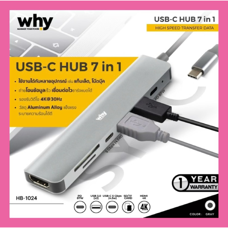 Why HB-1024 HUB 7 in 1 อะแดปเตอร์ฮับ USB C ต่อHDMI อ่านการ์ด Sd card TF CARD READER ADAPTER HIGH SPE
