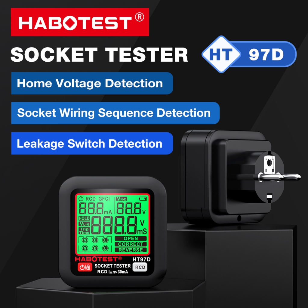 HABOTEST HT97B เครื่องทดสอบซ็อกเก็ตไฟฟ้าอัจฉริยะ พร้อมจอแสดงผลแรงดันไฟฟ้า 30V-260V GFCI เบรกเกอร์ Thailand Type