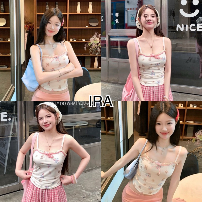 BY IRA (337)🔥พร้อมส่ง🔥 เสื้อสายเดี่ยวลําลอง ลายหมี สไตล์เกาหลี ดีเทลโบว์ สุดน่ารัก