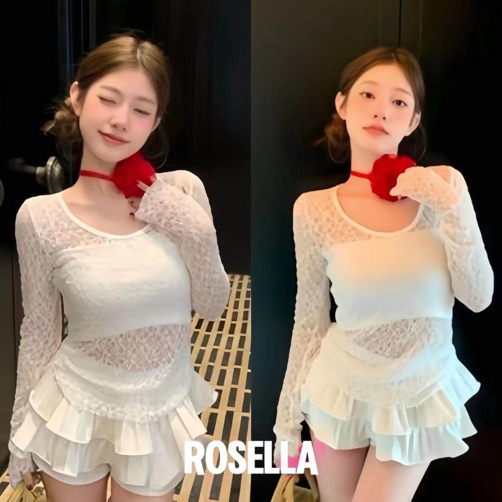 Rosella จัดส่งจากประเทศไทย ซีทรู พิมพ์ลายลูกไม้ สุดเซ็กซี่ เหมาะกับฤดูร้อน สไตล์คลาสสิก สําหรับสตรี เสื้อลูกไม้คอยูสีขา