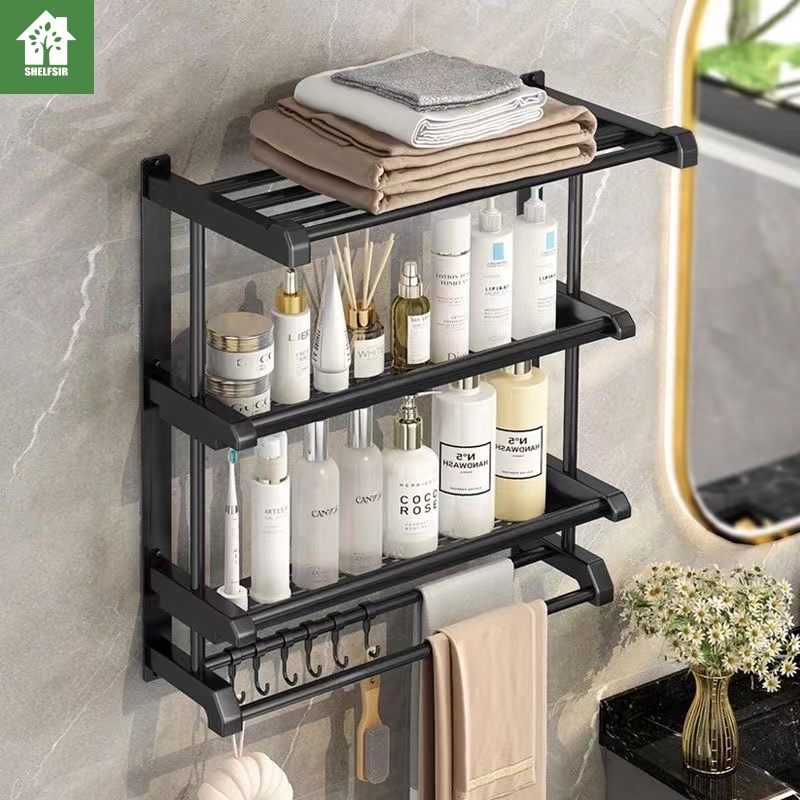 ชั้นวางของในห้องน้ำ ราวตากผ้าในห้องน้ำ 1-3ชั้น ไม่ต้องเจาะ ไม่เป็นสนิมค่ะ พร้อมราวตากผ้าและตะขอ เหล็กกล้าไร้สนิม