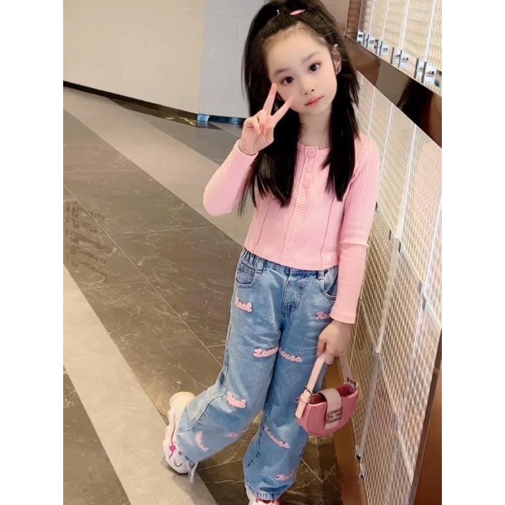 jqk ชุดเสื้อคอกลมแขนยาว+กางเกงยีนส์ขายาว สําหรับเด็กผู้หญิง (สีชมพู) รุ่น LL056