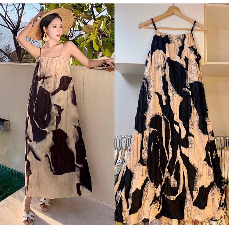 sirin studioเดรสยาวแม๊กซี่สายเดียวดอกกุหลาบดำโทนครีมF06