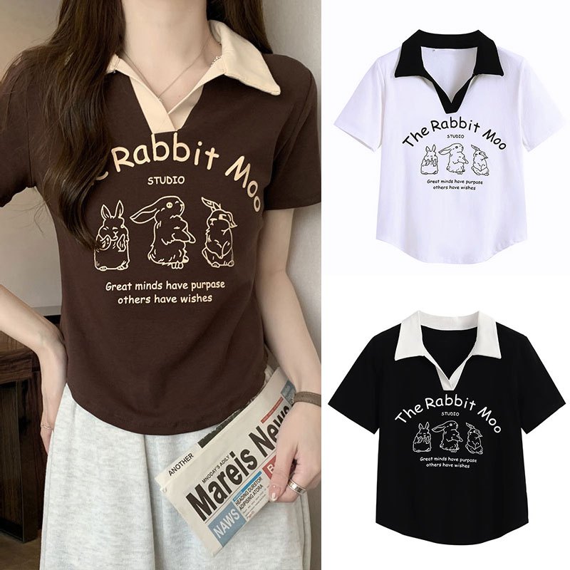 เสื้อครอปสาวอวบน่ารัก oversize เสื้อผ้าแฟชั่นเกาหลี ลายการ์ตูนวัยรุ่น เสื้อยืดสลิมฟิตแขนสั้นผู้หญิง ทรงโปโล ลําลอง