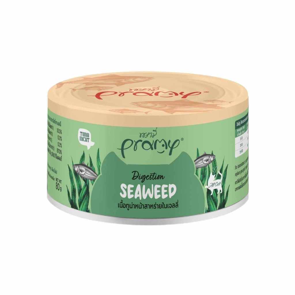 Pramy : พรามี่ อาหารเปียกแมว เนื้อทูน่าหน้าสาหร่ายในเยลลี่สูตรช่วยระบบย่อย ขนาด 80 กรัม