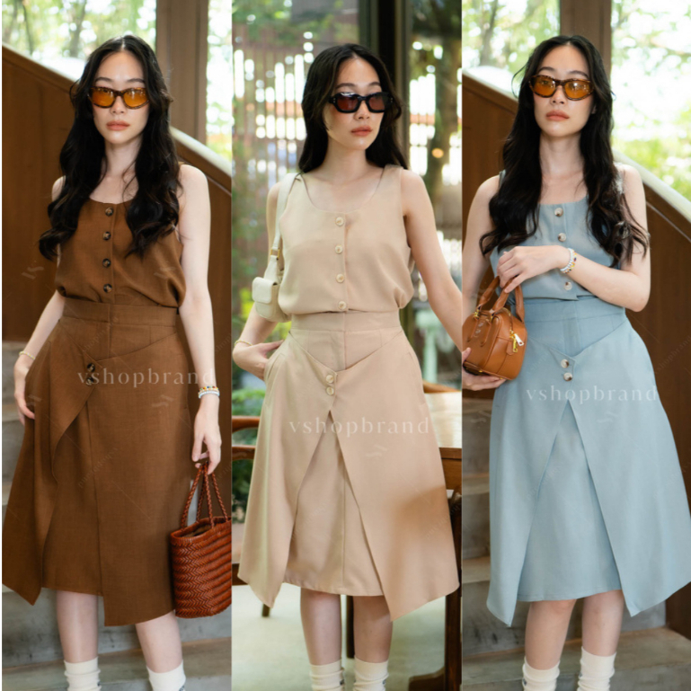 พร้อมส่ง Set เสื้อแขนกุด + กป.ยาว แต่งผ้าหน้า งานป้าย vshop