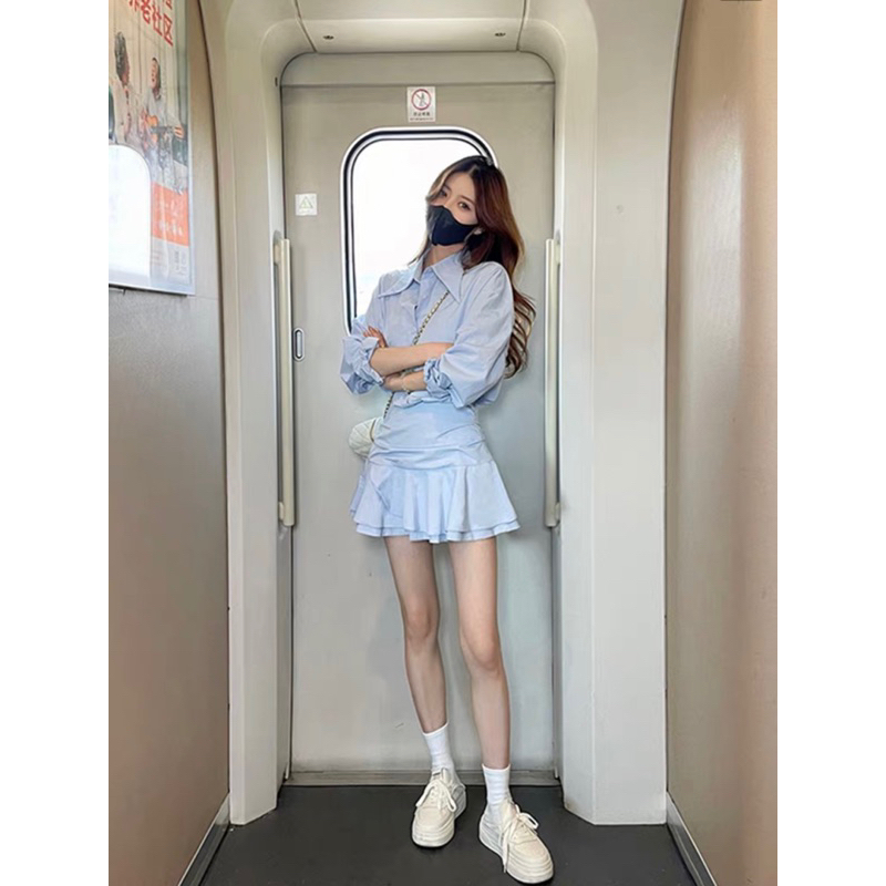 Mogwany พรี Evelyn Dress 2 สีฟ้า,ขาว เดรสสั้น เดรสสไตล์เกาหลี สวยน่ารักมาก ใส่เที่ยว,คาเฟ่