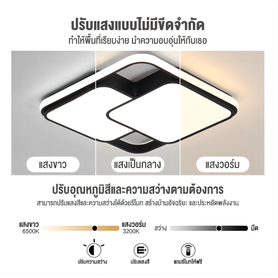 โคมไฟเพดาน ไฟ led เพดาน โคมไฟเพดานรีโมท 3สี โคมไฟ LED สไตล์โมเดิร์น เบาและบางลง สําหรับห้องนอน thumbnail 7