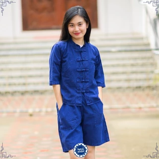 (จันทร์ดีหม้อห้อม) เสื้อหม้อห้อมคอจีนแขนศอก (เข้ารูป)