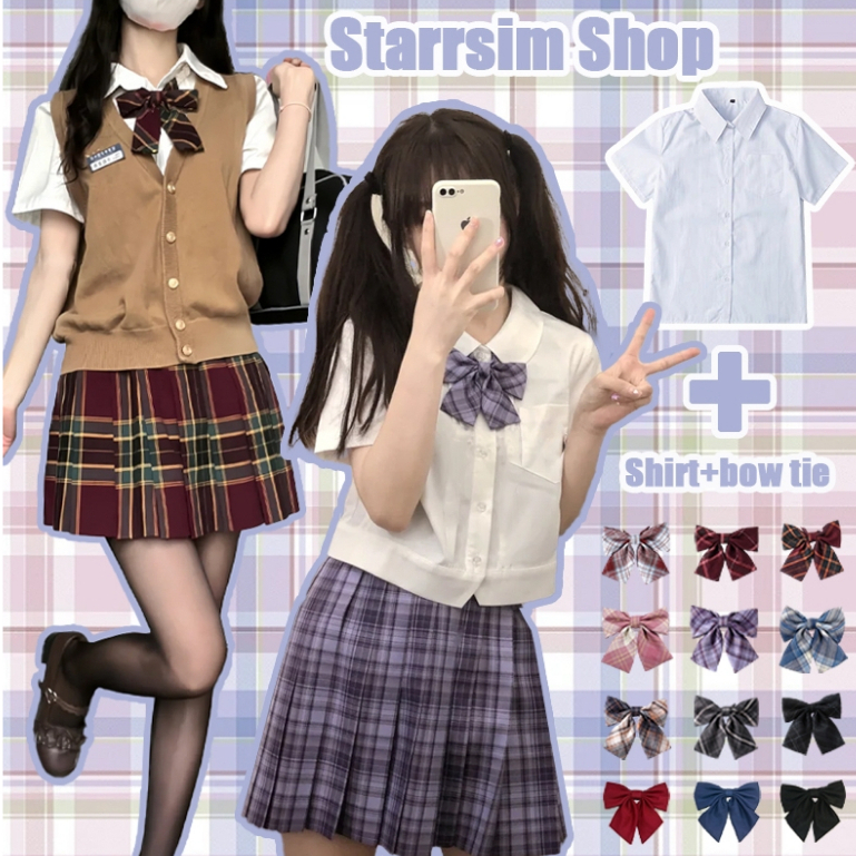 #Starrism# นักเรียน เสื้อเชิ้ต แขนสั้น เสื้อเชิ้ตสีขาว โบว์ + เสื้อ