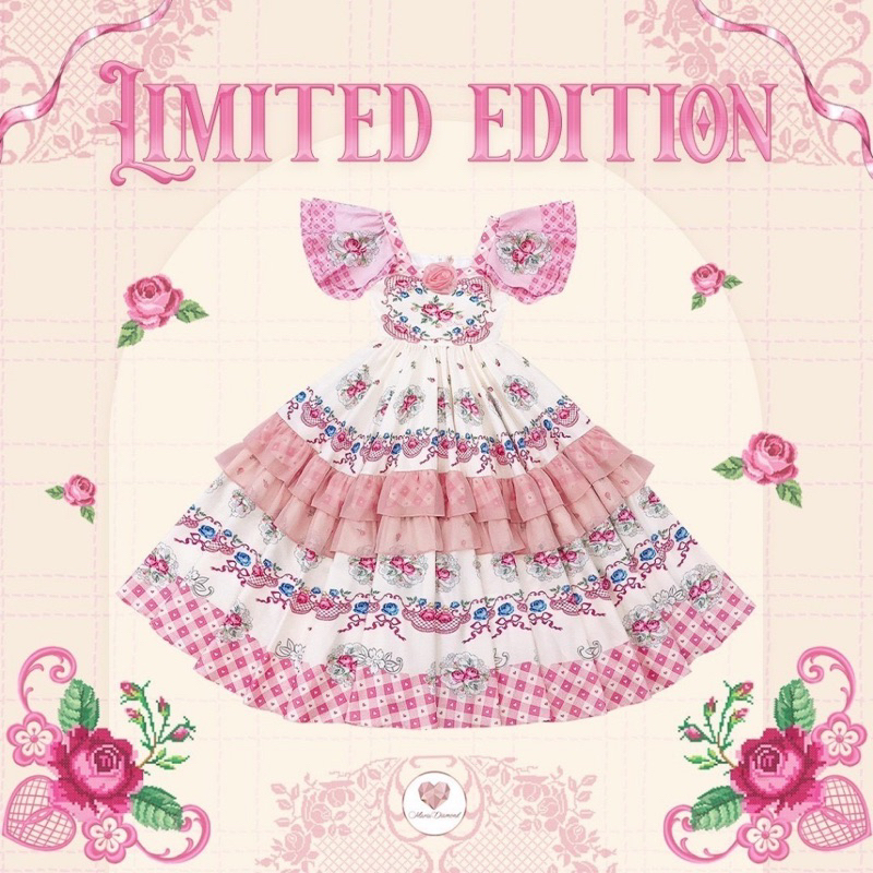 (Limited) Maria Diamond สีชมพู ไซส์S Maria Signature Vintage Dress เมือ2เดรสยาววินเทจแขนระบาย + เข็ม