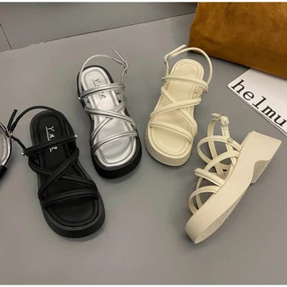 TX556 รองเท้าแตะแพลตฟอร์ม พื้นหนา7cm เพิ่ม ความสูง ดีไซน์นางฟ้า รองเท้าโรมันสีเงิน คุณภาพดี สไตล์มินิมอล