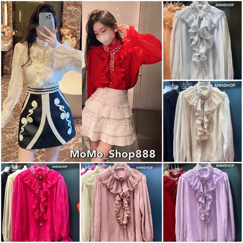 พร้อมส่ง เสื้อฟรุ้งฟริ้งออกงานใส่อลังการไฮโซ เสื้อเจ้าหญิงแต่งรอบคอด้วยมุกกระดุมเม็ดใหญ่