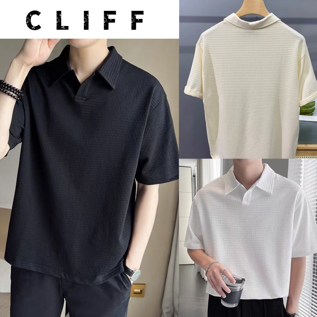 CLIFF -COD✅วาฟเฟิล POLO เสื้อแฟชั่นแบรนด์ปกลำลองผู้ชายแขนสั้น