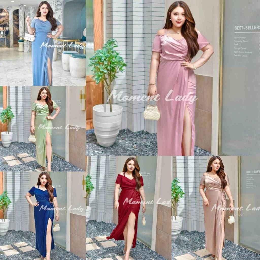 เดรสยาวออกงานสุดหรู สำหรับสาวอวบ แต่งสายสปาเก็ตตี้2เส้น ช่วยพรางรูปร่าง ใส่แล้วไม่ตัน ทรงสวยเป๊ะ ชุดออกงานไซส์ใหญ่ MO