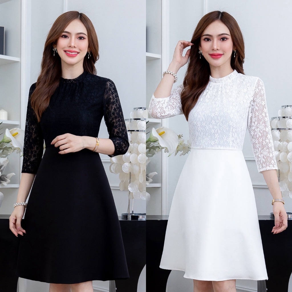 แพทเทิร์นขายดี เดรสลูกไม้แขนห้าส่วน ตัดต่อกระโปรงผ้าพื้น สวยเรียบหรู ดูแพง สวยแบบลุคคุณหนูผู้ดี ช่วงคอจับจีบนิดๆ ดูสวย
