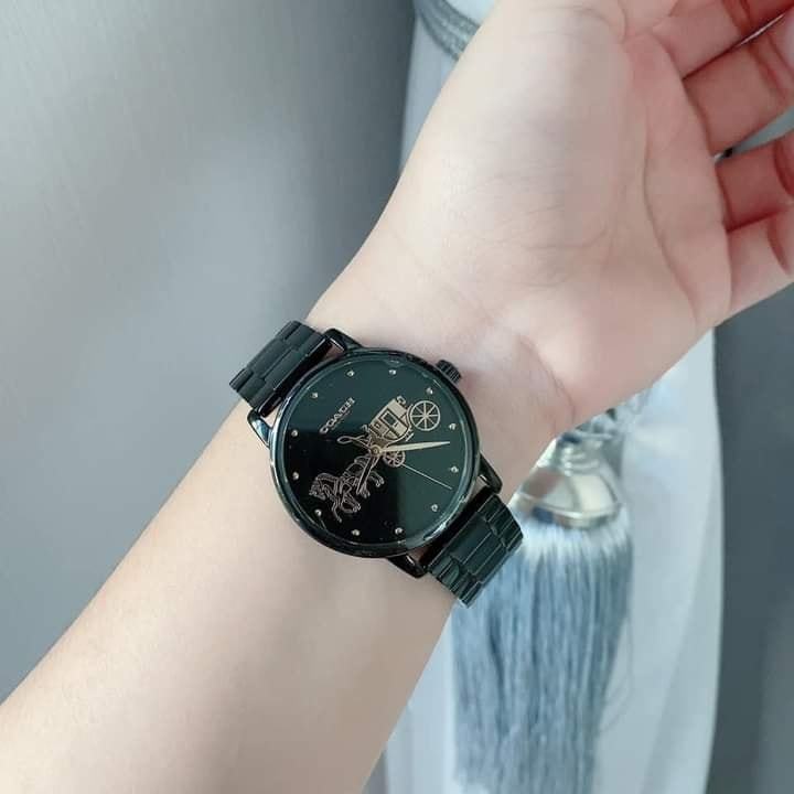 🖤COACH 14502925 GRAND LOGO CARRIAGE BLACK STAINLESS STEEL QUARTZ LADIES WATCH🖤 นาฬิกาสายแสตนเลสสีดำห