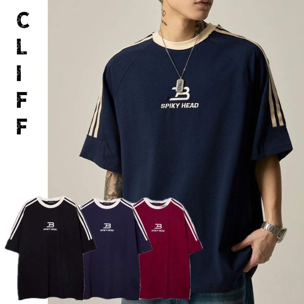 CLIFF สไตล์อเมริกันแขนสั้นเสื้อฤดูร้อนชายเสื้อยืดแฟชั่นวิทยาลัยลมกีฬาหลวม