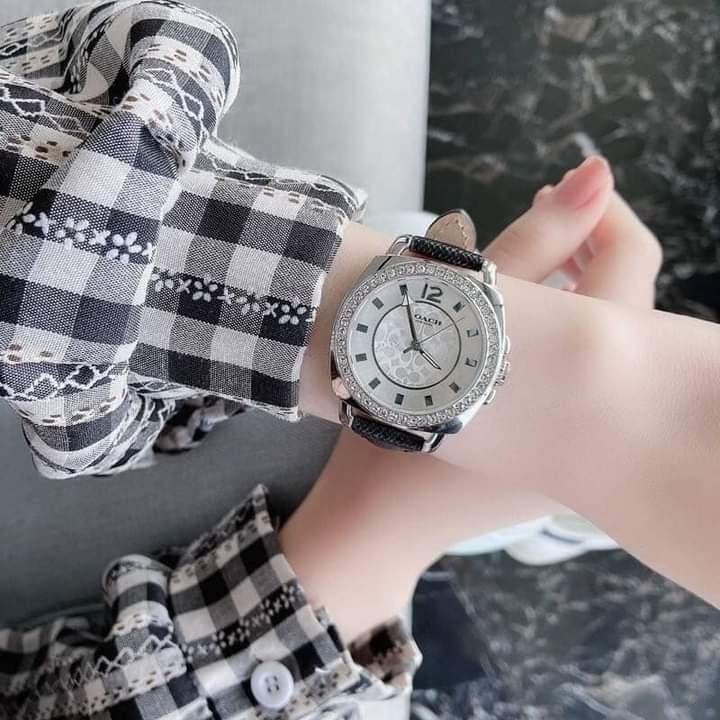 🖤COACH 14503152 BOYFRIEND SILVER TONE SWAROVSKI GLITZ WATCH🖤 นาฬิกาสายหนังแข็งสีดำหน้าปัดล้อมคริสตัล