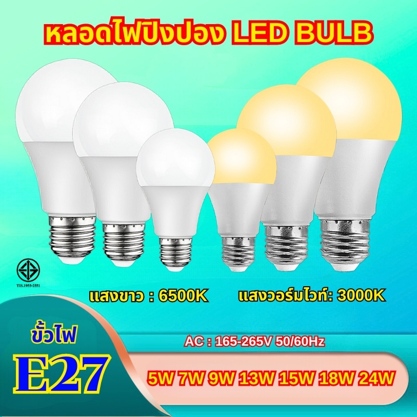 หลอดไฟ LED หลอดไฟกลม ขั้วE27 ใช้ไฟฟ้า220V สว่างนวลตา 5W 7W 9W 13W 15W 18W 22W แสงสีขาว T8