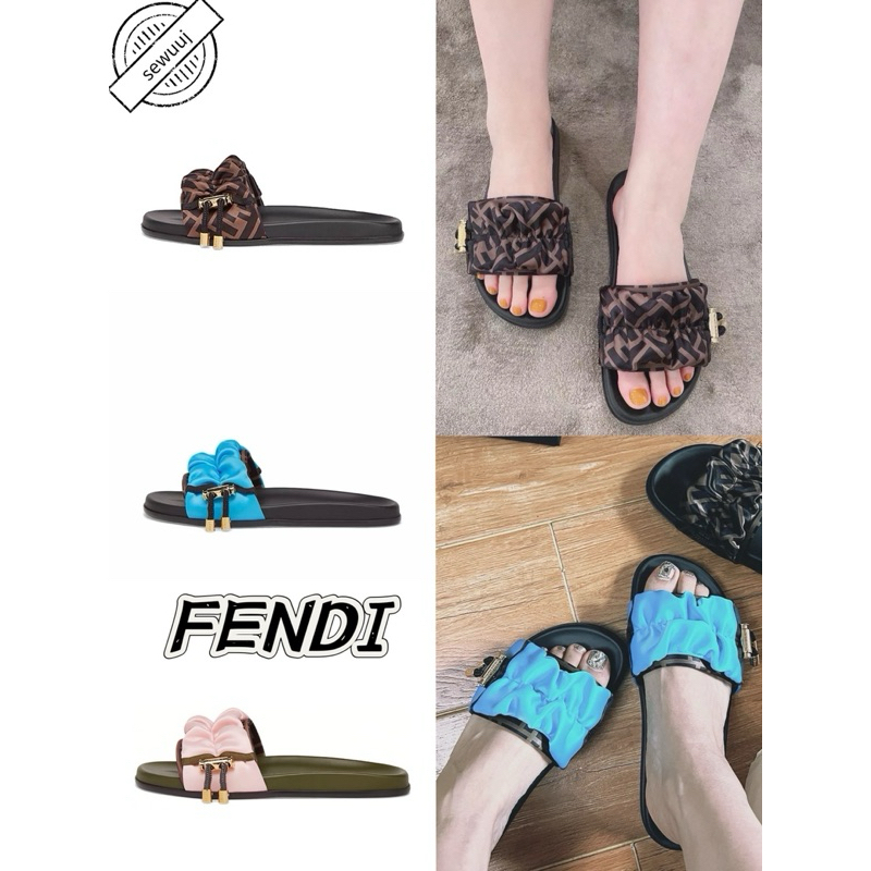 รองเท้าแตะผ้าไหมซาติน FENDI ของแท้สำหรับผู้หญิง
