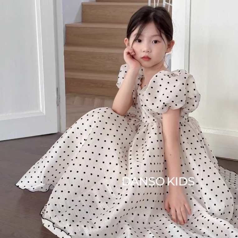 ชุดเด็กผู้หญิงสีขาว ลายจุด แขนพองๆ กระโปรงฟูมาก ชุดเจ้าหญิงเด็ก สําหรับงานออกงาน บวันเกิด งานเทศกาล