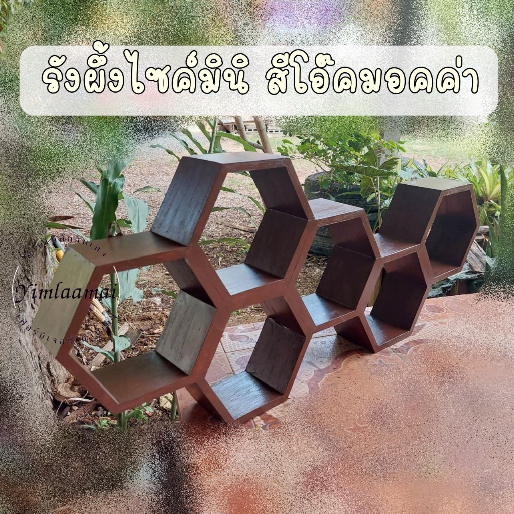 ชั้นวางของโมเดลรังผึ้งไซค์เล็ก พร้อมตะขอติดผนัง งานไม้สักทอง