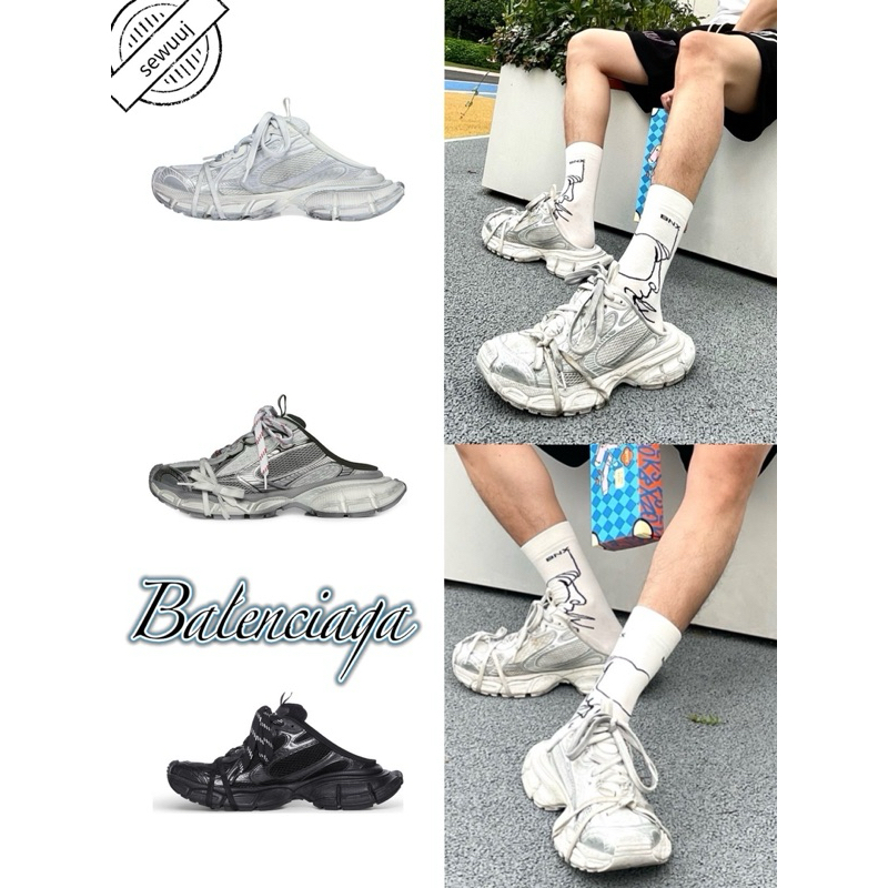 ของแท้ Balenciaga 3XL ตาข่าย Distressed รองเท้าแตะ Muller แบบผูกเชือกแบบแบนสำหรับผู้ชาย
