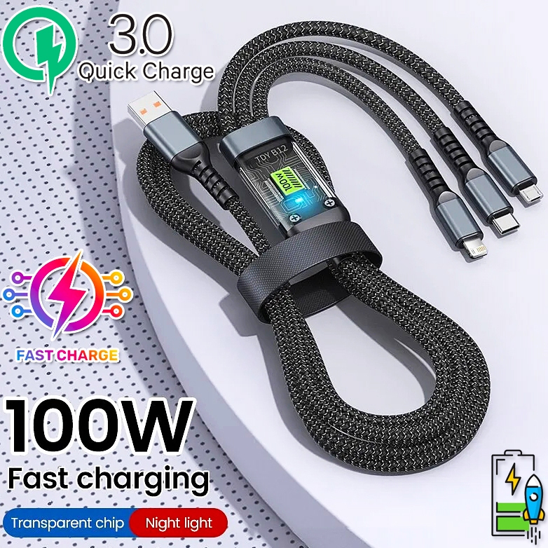 ดีที่สุดสายชาร์จขั้นสูง3in1 PD 100W สายชาร์จเร็ว สายถักไนล่อน พร้อมไฟ LED 6A USB Cable ชาร์จเร็ว สำหรับ Micro/Type-C/lOS