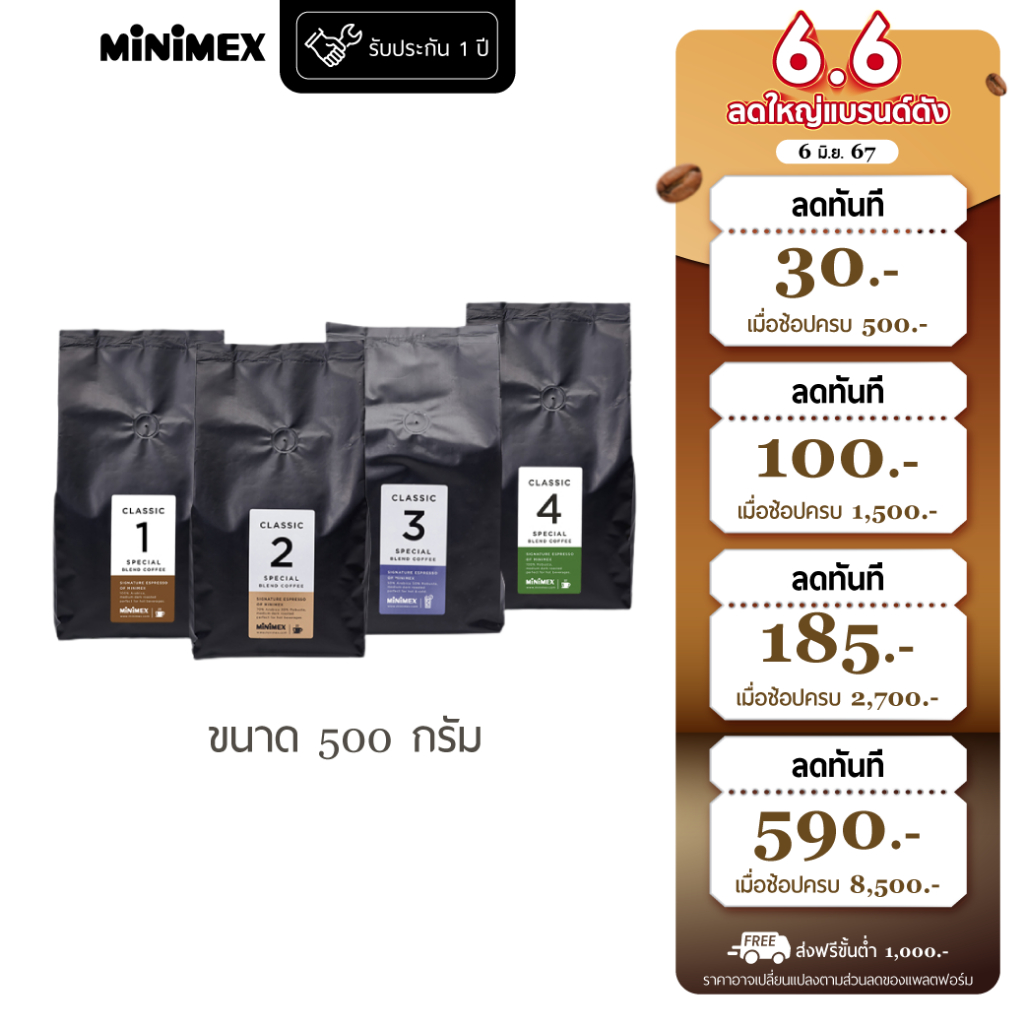 [มี 4 สูตร] Minimex เมล็ดกาแฟ Coffee Beans 500 g. (1 ถุง)