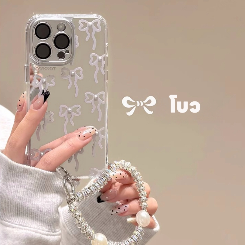จัดส่ง24ชม iPhone 15 14 13 12 11 Pro max case for เคสไอโฟน11 บางเบาพกพาง่าย แฟชั่น การ์ตูน โบว กระจกเงา โซ่มุก case