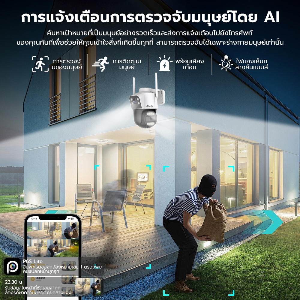 กล้องวงจรปิดใส่ซิม 4g กันน้ำ กล้องวงจรปิด4K 2เลนส์  เลนส์ล่างหมุนได้ รับชมสองพื้นที่ในเวลาเดียวกัน